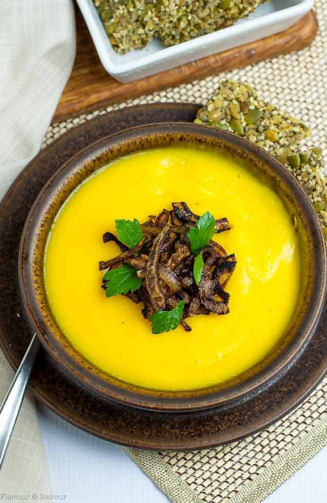 Butternut Squash Soup with Ginger and Orange garnished with crispy shallots