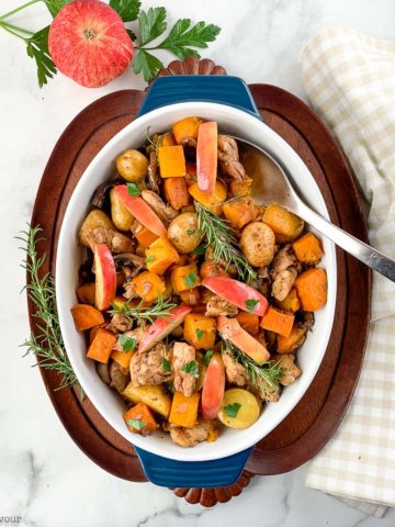 a baking dish with harvest chicken