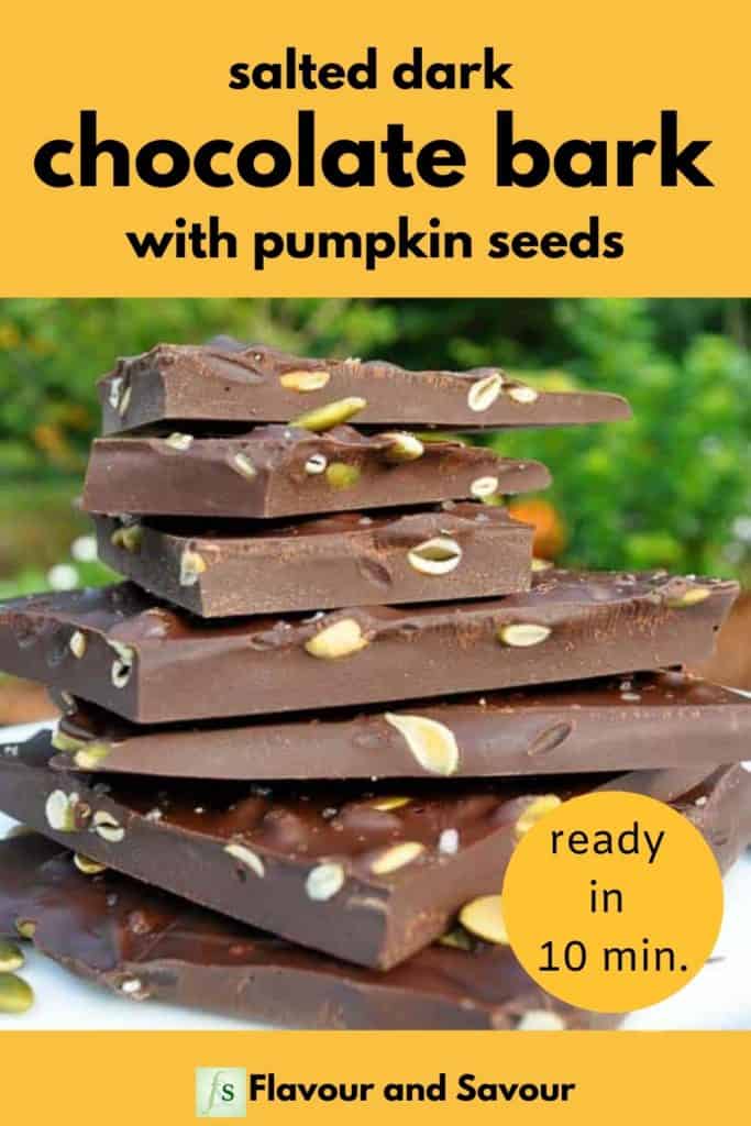 Salted Dark Chocolate Bark with Pumpkin seeds with text overlay