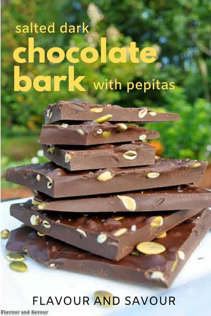 Pinterest pin for Salted Dark Chocolate Bark with pumpkin seeds