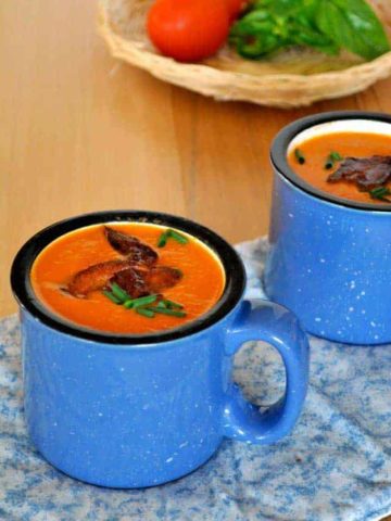 Paleo Tomato Soup with Basil and Bacon. This dairy-free Tomato Soup with Basil and Bacon gets its creaminess from coconut milk. Quick and easy.