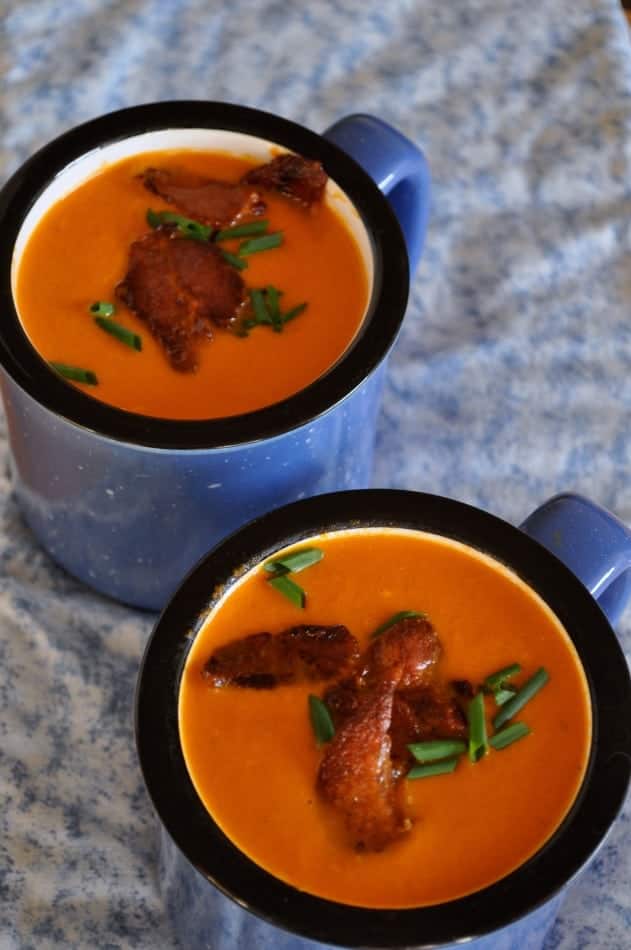 Tomato Soup with Basil and Bacon. Quick and easy. Made with coconut milk, it's creamy without the cream! |www.flavourandsavour.com
