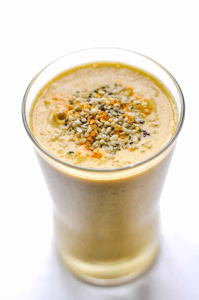 Tropical Turmeric Smoothie. A healthy way to start the day. Naturally sweetened with mango and pineapple with the added benefit of turmeric, chia and hemp.