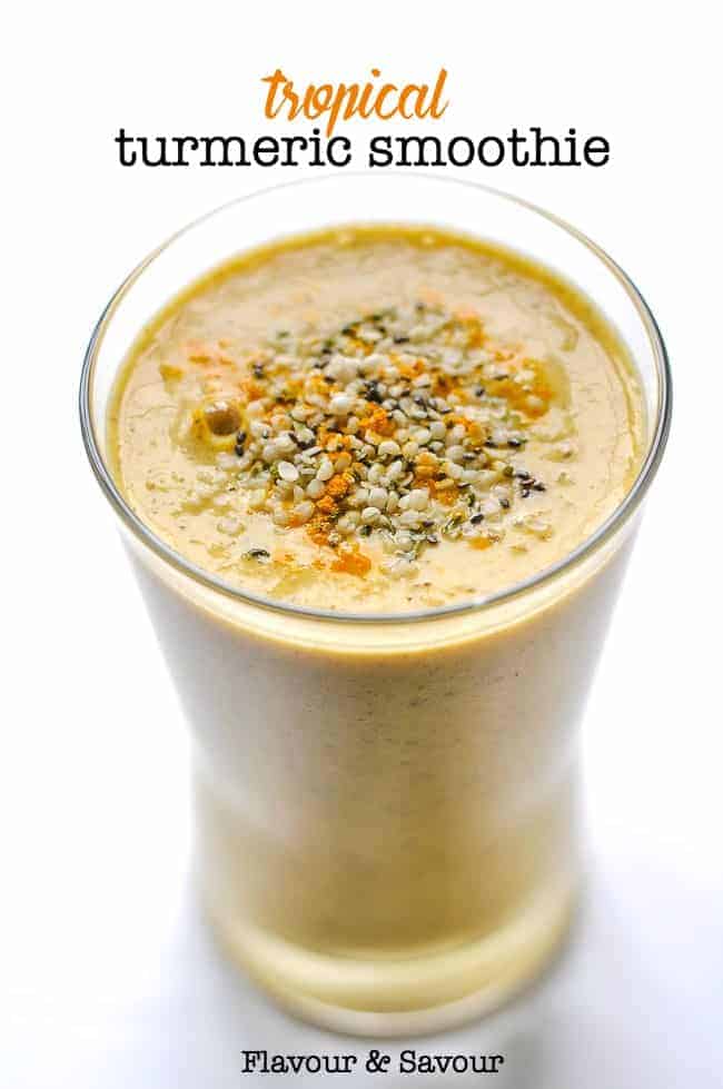a glass of Tropical Turmeric Smoothie with hemp seeds