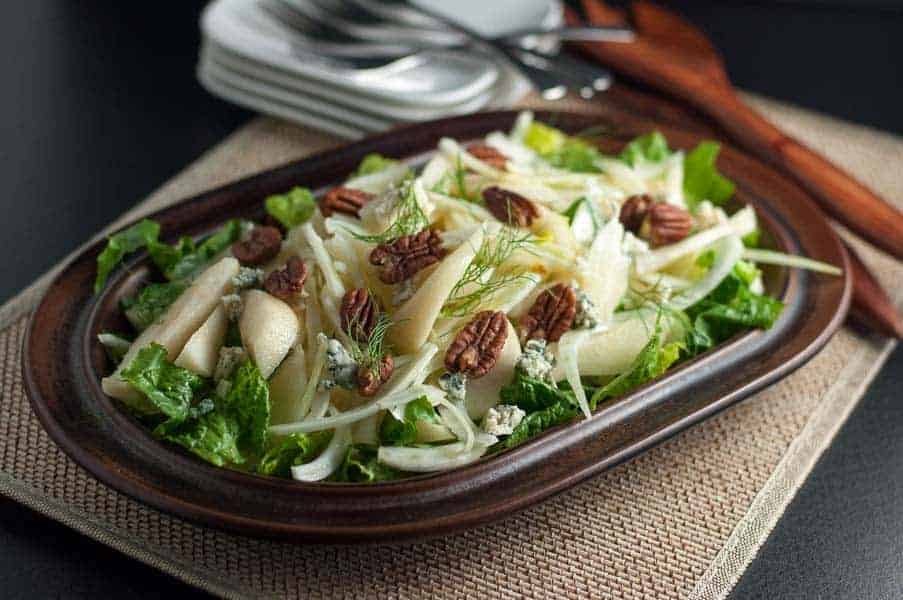 Pear and Fennel Salad. A beautiful fall or winter salad with thinly sliced fennel, crisp pears, nuts and cheese. One of 6 Tasty Healthy Winter Salads from Flavour and Savour.