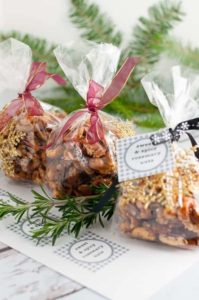 Sweet and Spicy Rosemary Nuts wrapped in gift bags.
