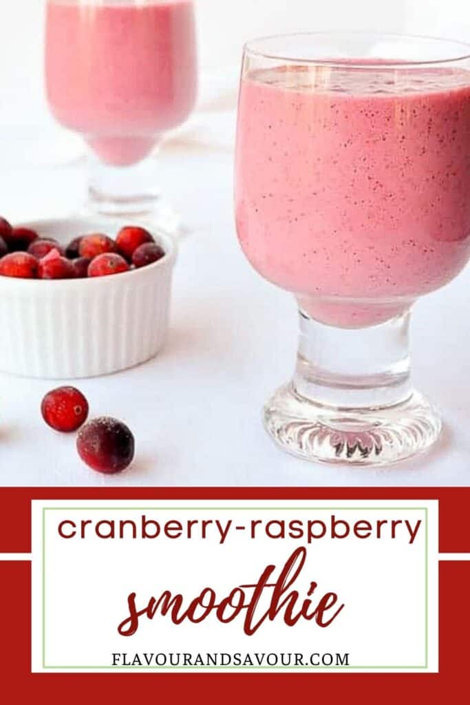 image with text for cranberry raspberry hemp seed smoothie
