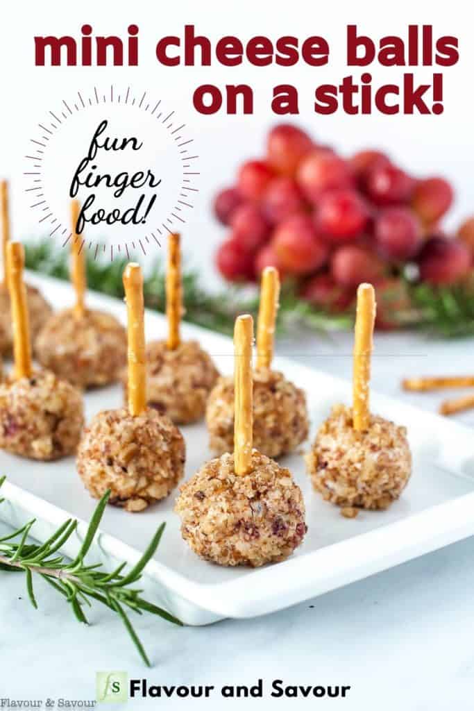 Image with text overlay Mini Cheese balls on a stick