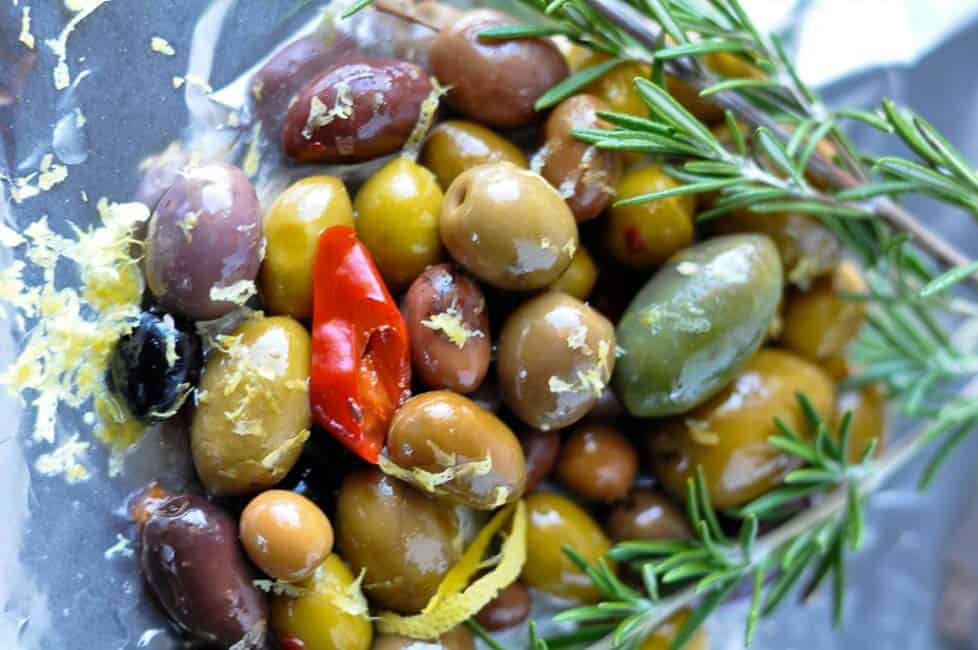 Warm Rosemary Olives with Lemon close up view