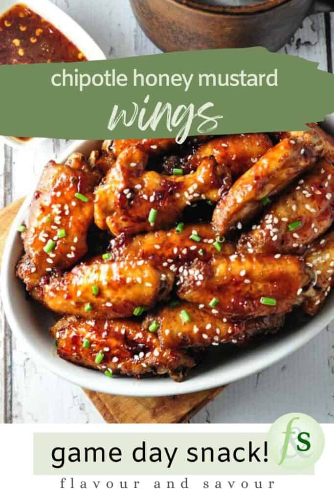 Image with text overlay for chipotle honey-mustard wings, a game-day snack.