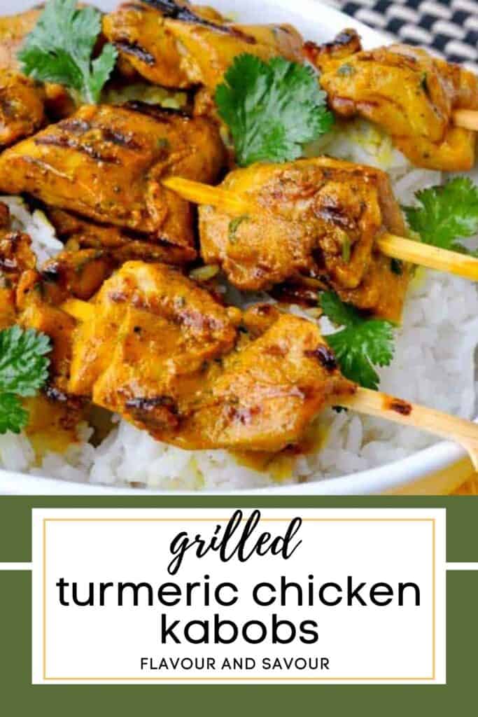 image and text for Grilled Turmeric Chicken Kabobs