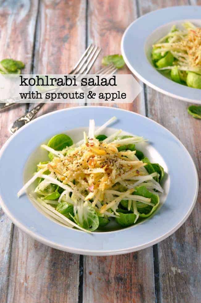 Kohlrabi Winter Salad with Sprouts and Apple. A healthy, crunchy salad featuring crisp Brussels sprout leaves, kohlrabi and sweet apple. |www.flavourandsavour.com A crispy, crunchy winter salad.