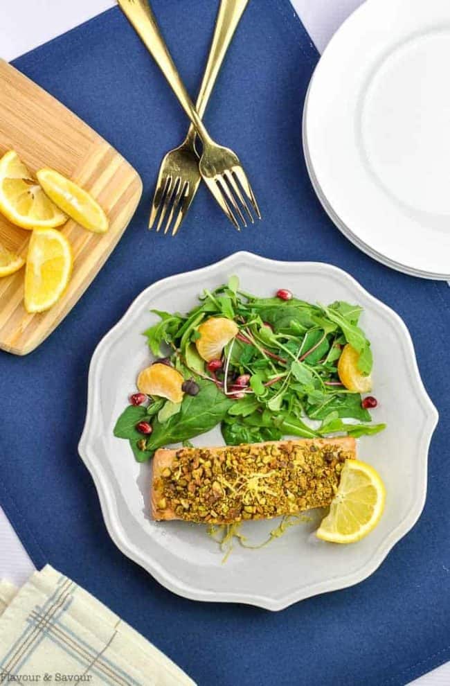 Pistachio-Crusted Salmon with salad