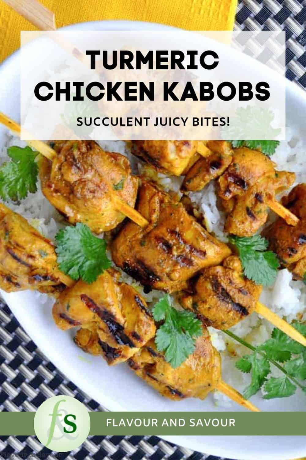 Image with text for grilled turmeric chicken kabobs.