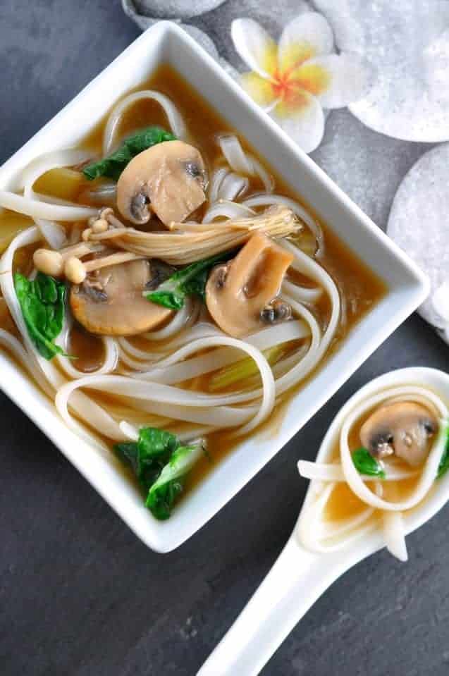 Miso Mushroom Soup with Rice Noodles and Greens. Naturally vegan and gluten-free.|www.flavourandsavour.com
