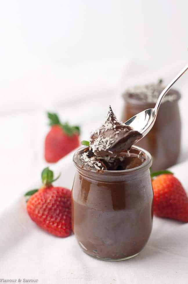 Dairy-Free Chocolate Mousse in tiny glass jars with strawberries