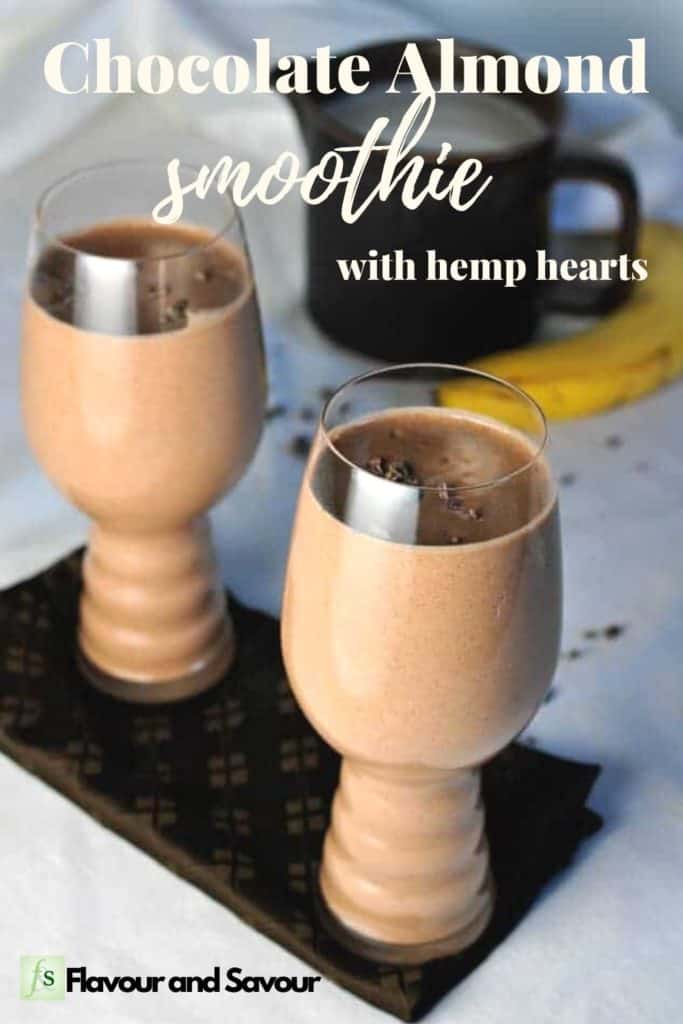 Image of two glasses of chocolate almond smoothie with text overlay