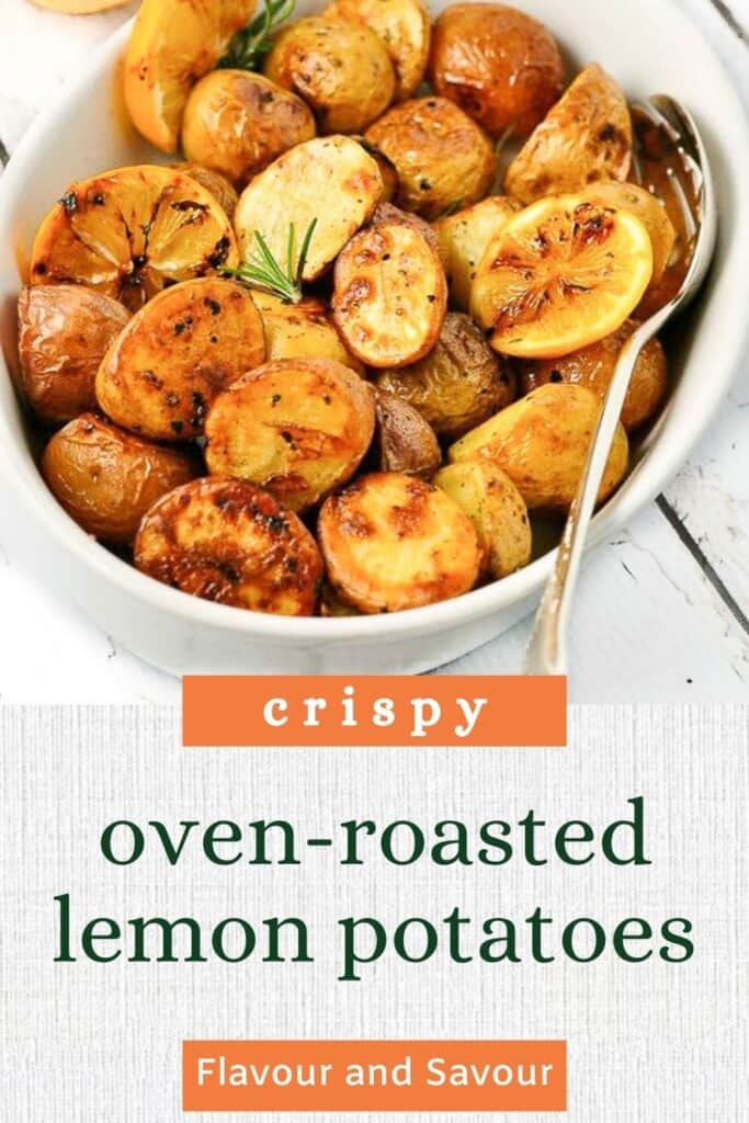 image with text for roasted potatoes with lemon.