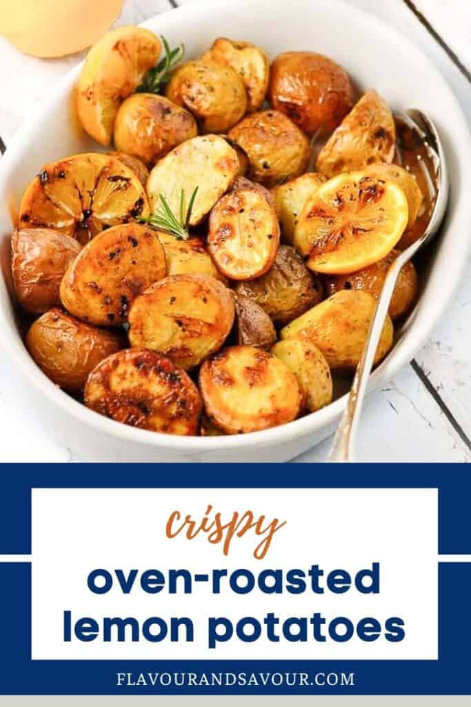 image with text for crispy oven roasted lemon potatoes