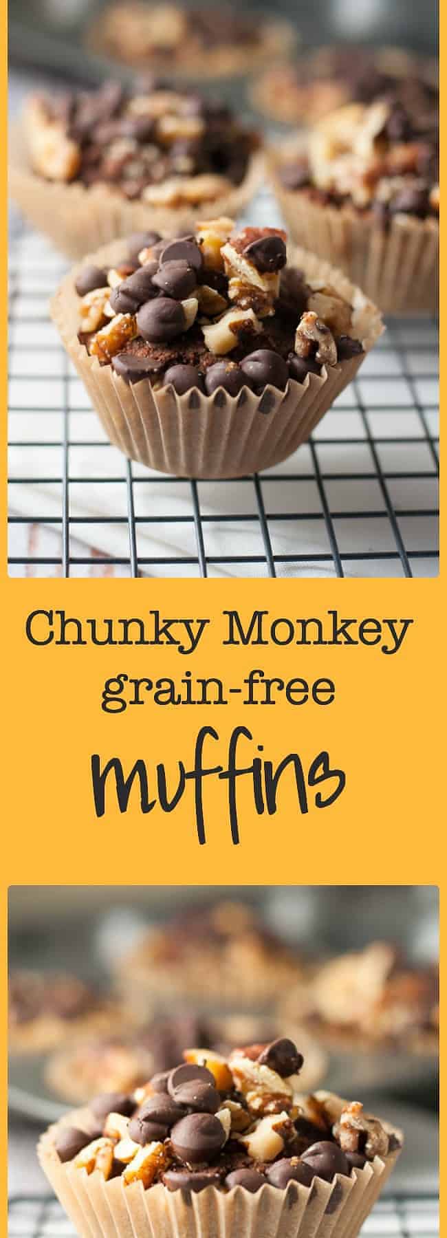 Chunky Monkey Grain-free Muffins. No grains, no dairy. Just a yummy muffin made with bananas, almond butter, dates and cocoa and topped off with walnuts and chocolate chips. All our favourite flavours together in one healthy muffin.