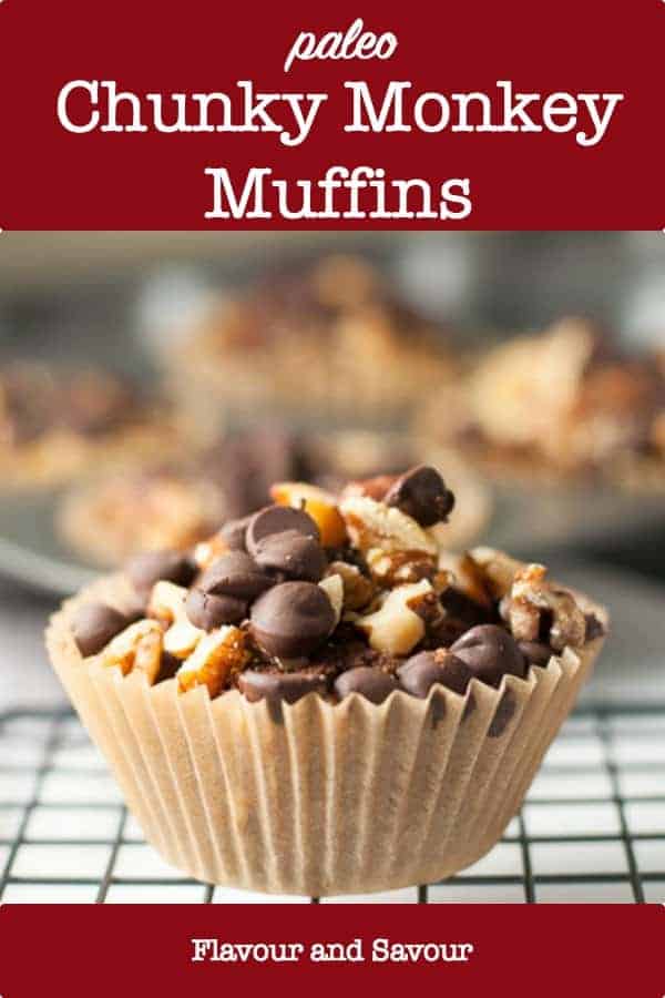 Paleo Chunky Monkey Muffins on a cooling rack with title