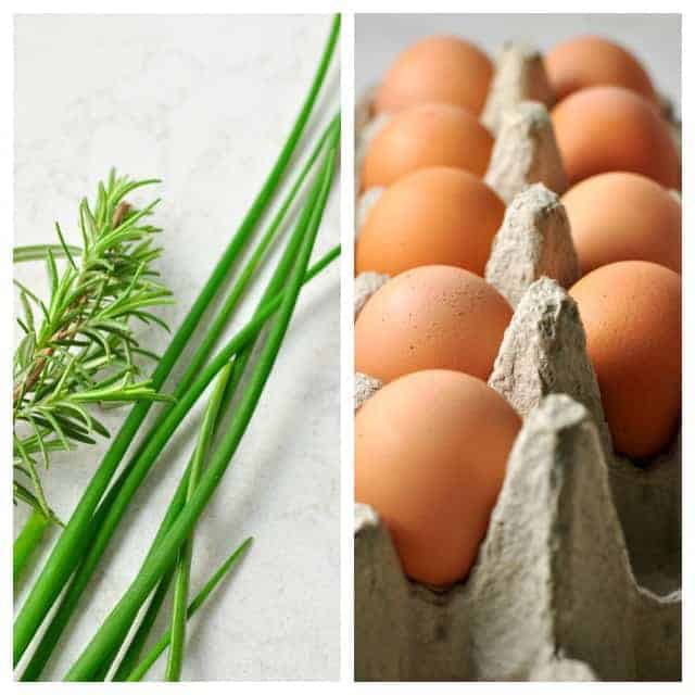 chives and rosemary and eggs in an egg carton. 