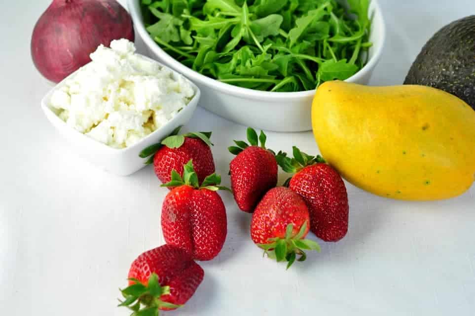 Ingredients for strawberry mango salad. 