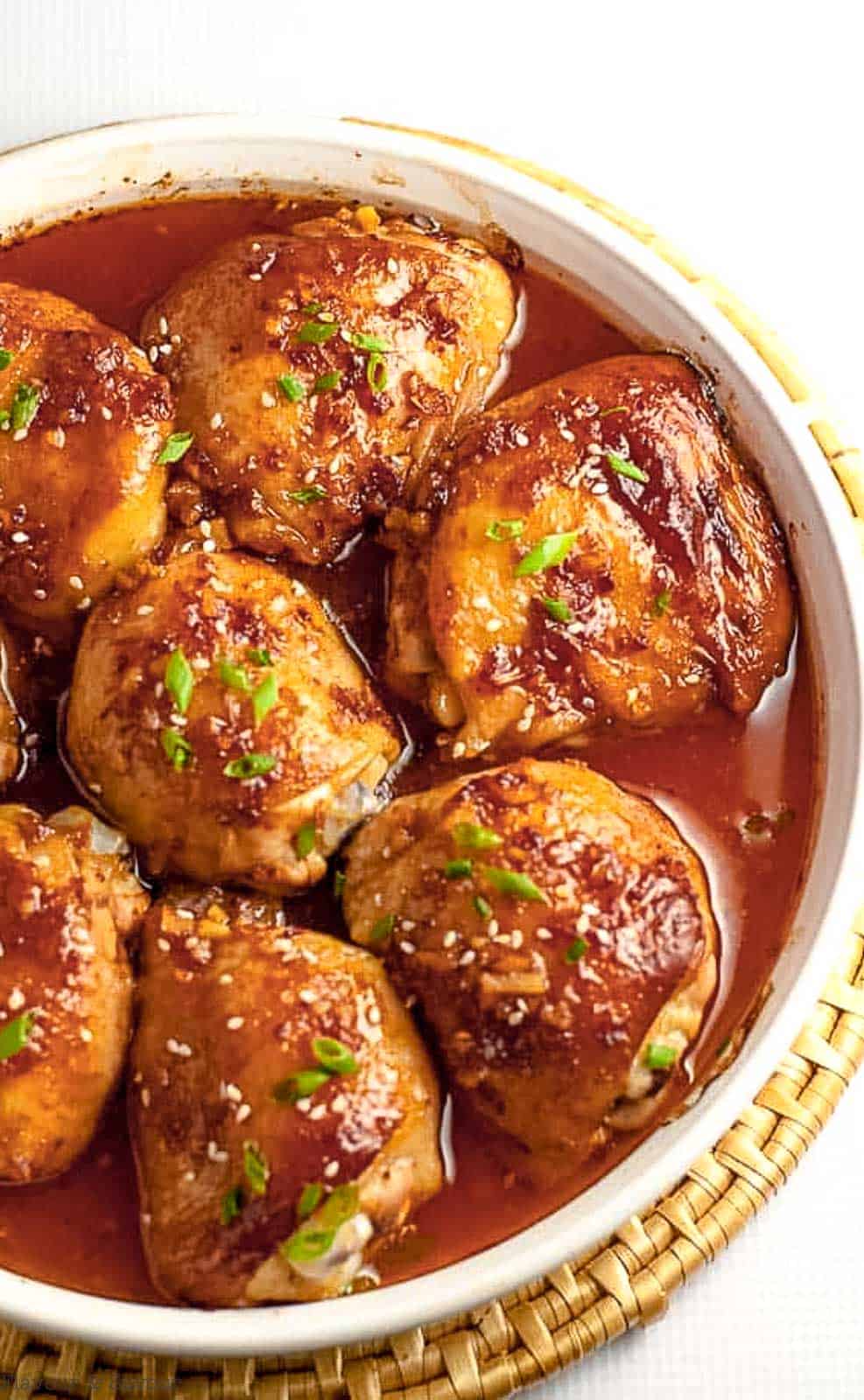 Overhead view of Asian Glazed Garlic Chicken thighs.