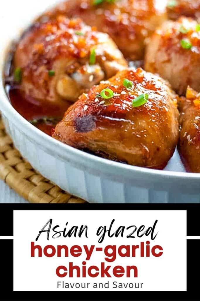 Image with text for Asian-glazed honey-garlic chicken.