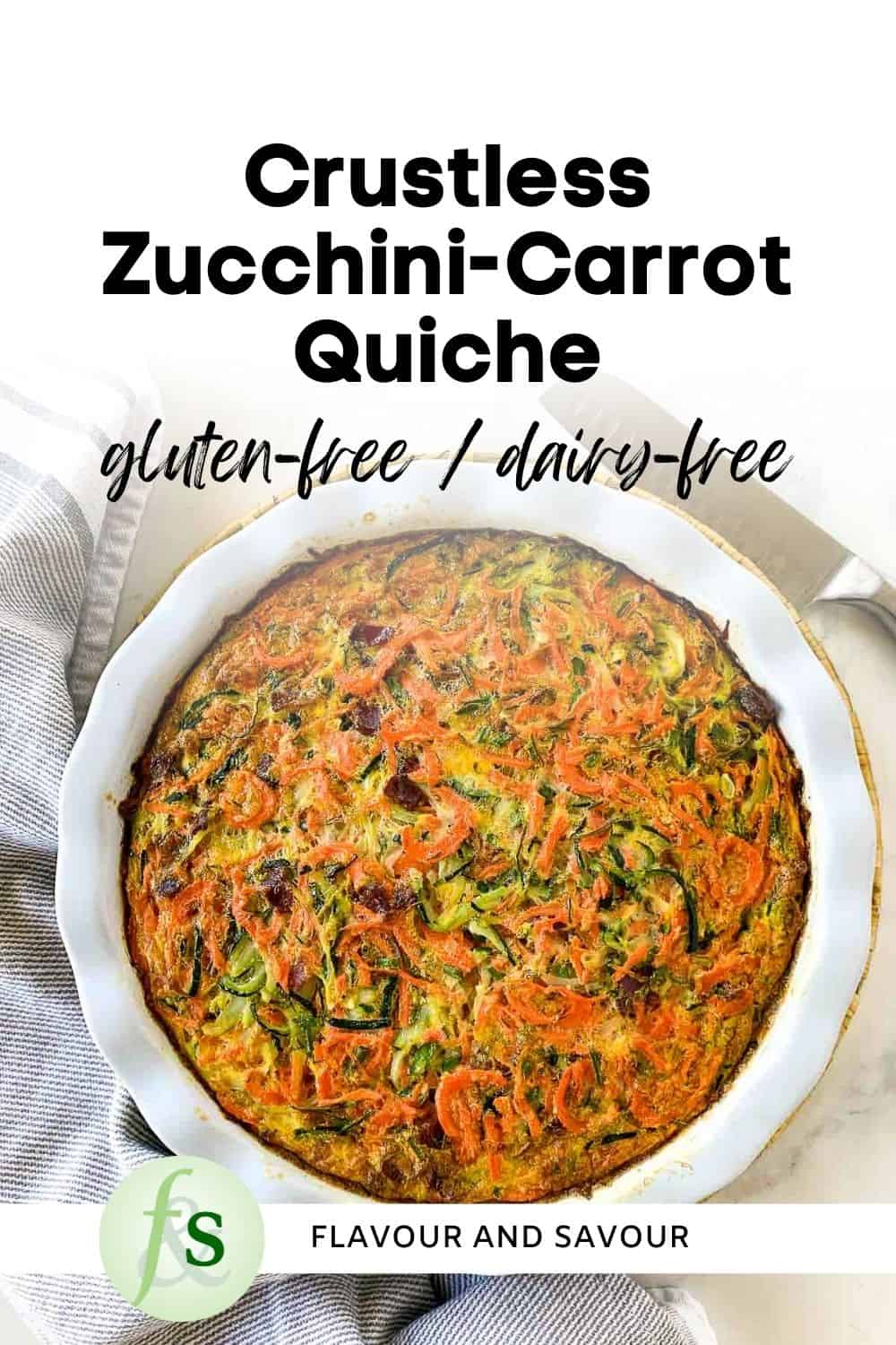 Image with text overlay for crustless zucchini-carrot quiche with bacon and herbs.