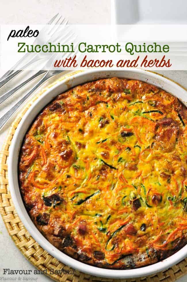 Paleo Zucchini Carrot Quiche with bacon and herbs overhead view