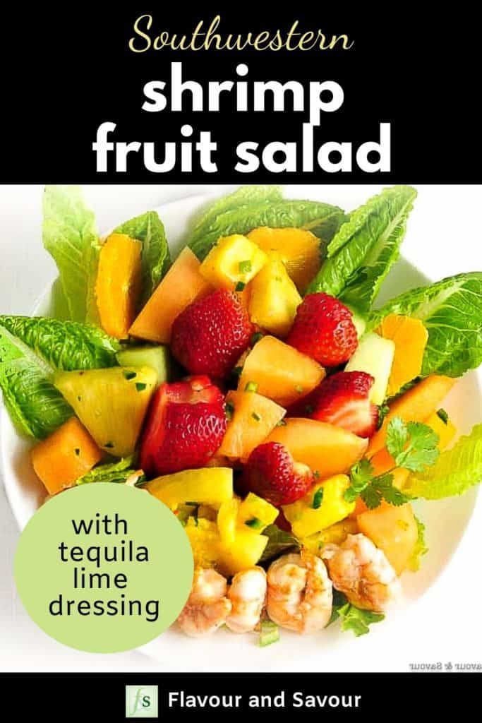 Southwestern Shrimp Fruit Salad with text overlay