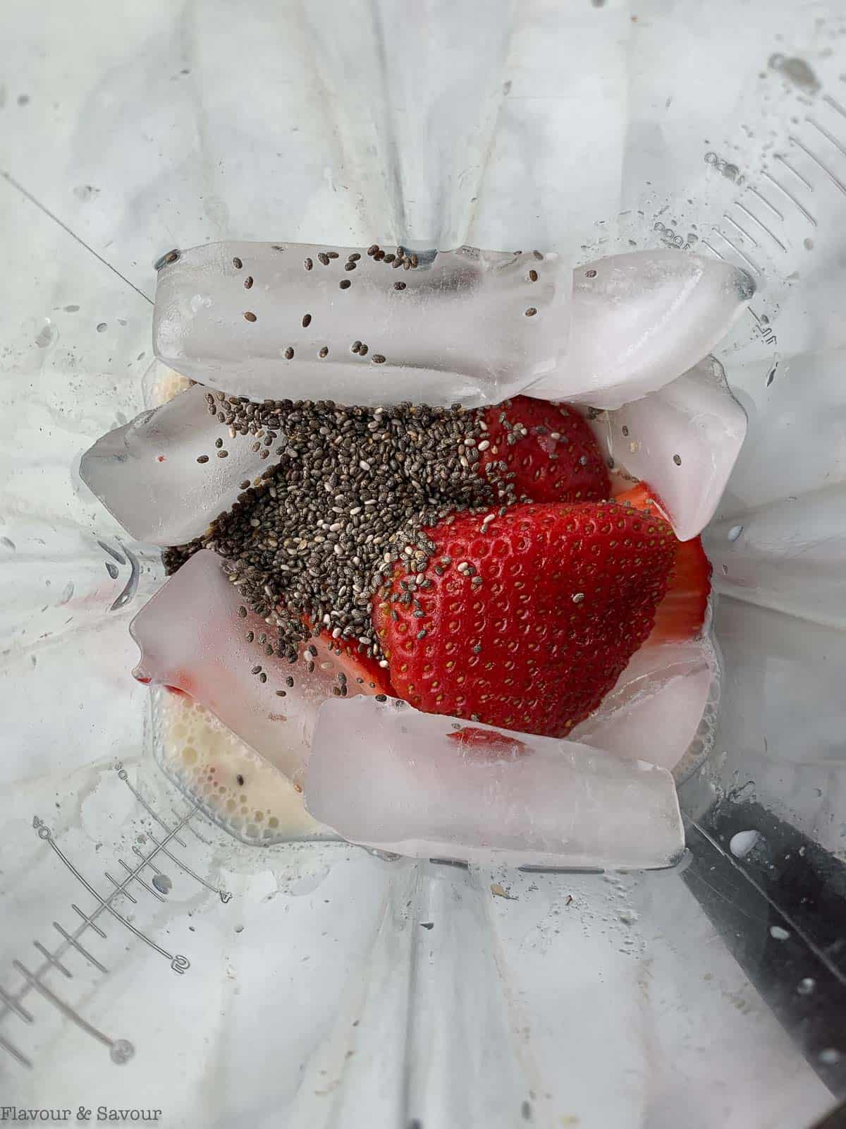 Strawberry Rhubarb Smoothie ingredients in blender