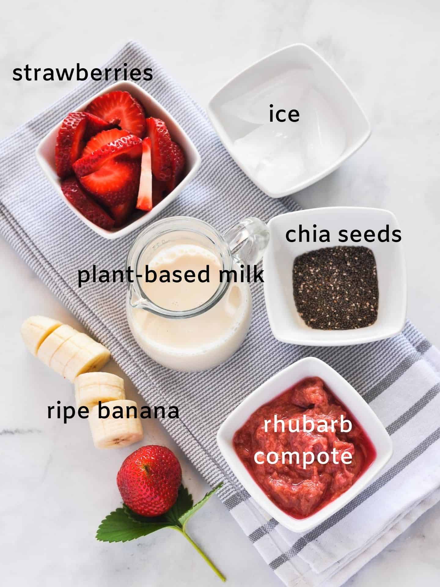 Labeled ingredients for Strawberry Rhubarb Smoothie