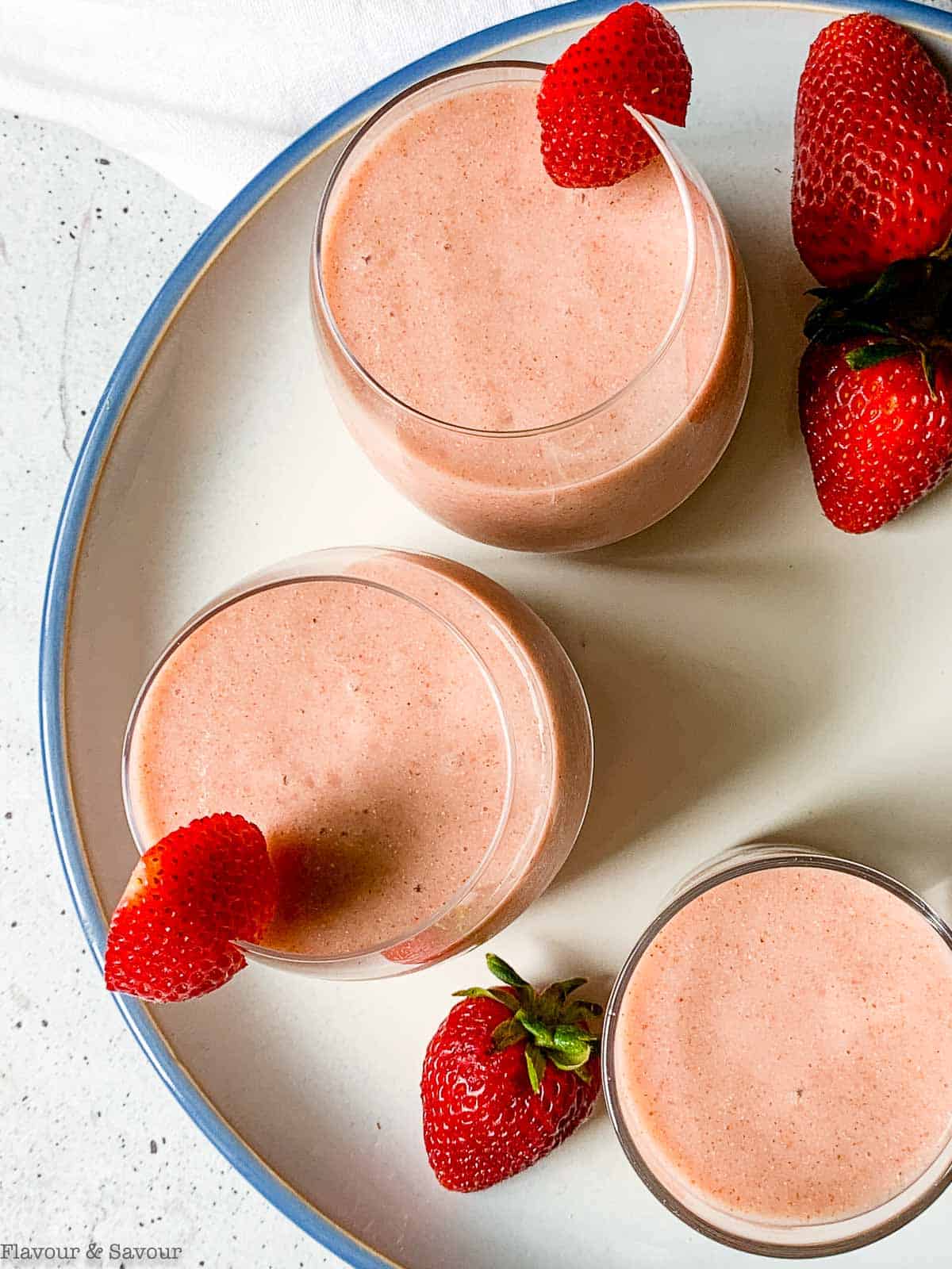 overhead view of strawberry rhubarb pie smoothie, one of five healthy smoothie recipes