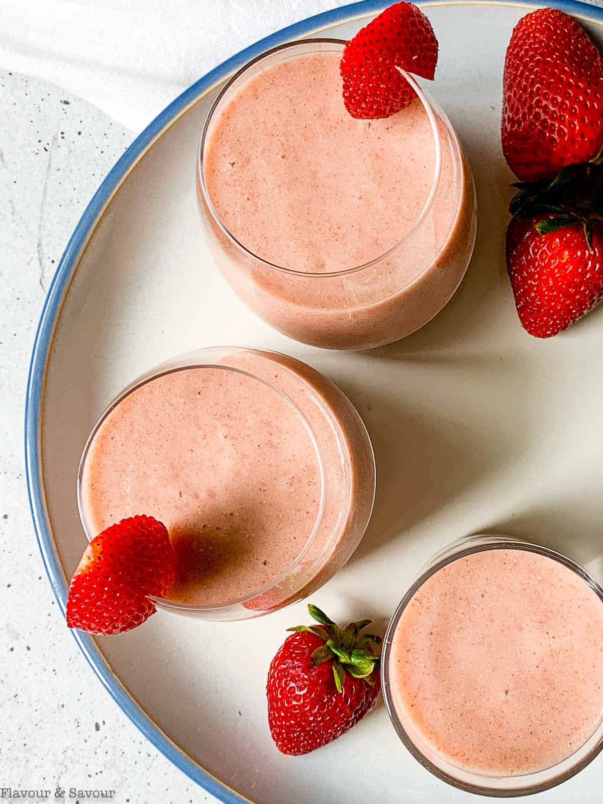 overhead view of strawberry rhubarb pie smoothie