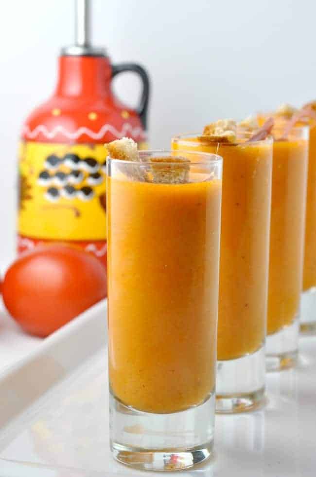 Salmorejo Spanish Chilled Tomato Soup in shot glasses