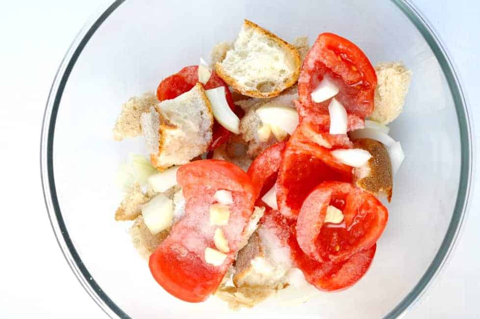 ingredients in a bowl for Salmorejo