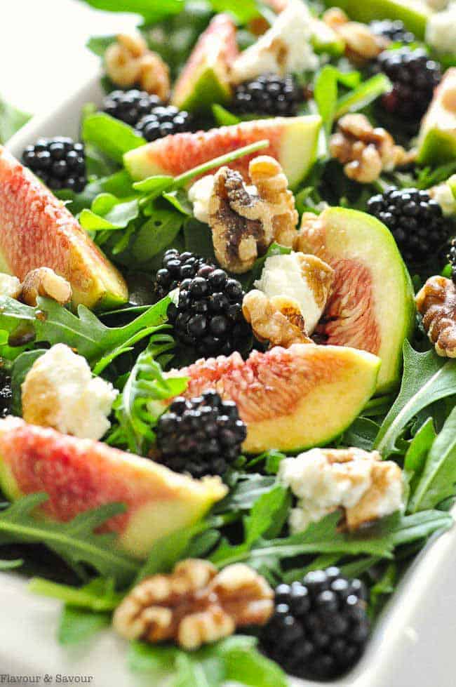 Fresh Fig Arugula Salad with Blackberries close up view