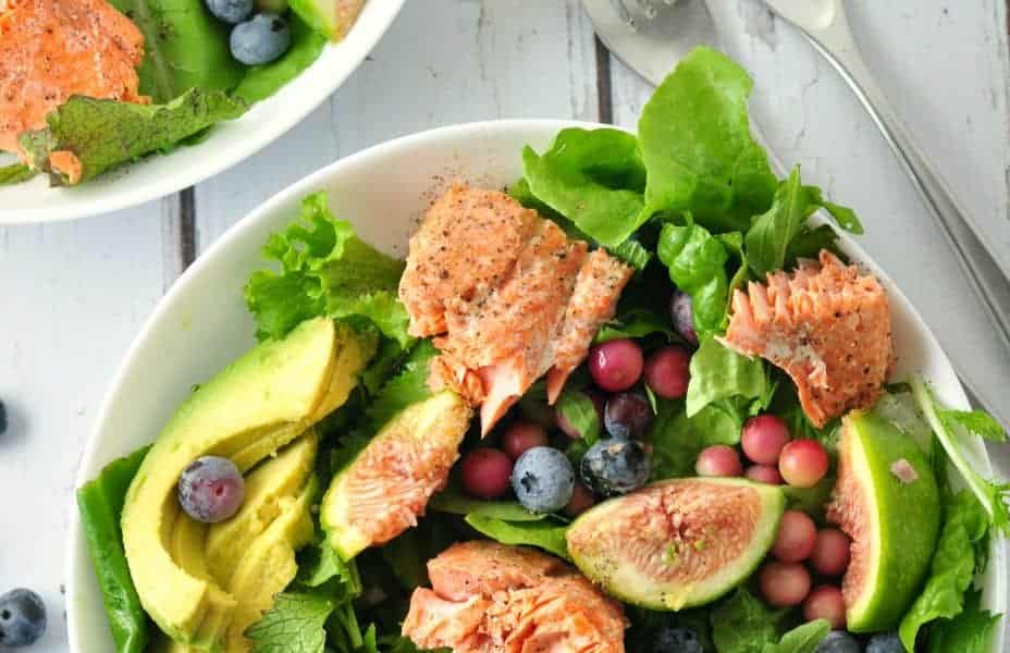 Grilled Salmon Salad with Blueberries and Fresh Figs. A summertime meal in a bowl! from Flavour and Savour