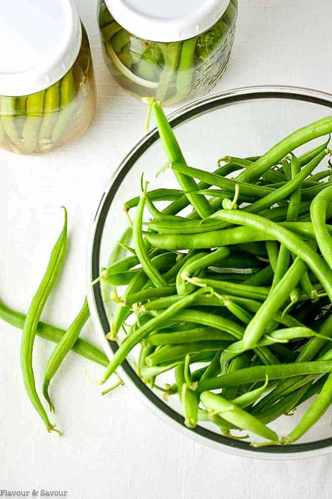 A large bowl of green beans ready to make Quick Refrigerator Pickled Beans.