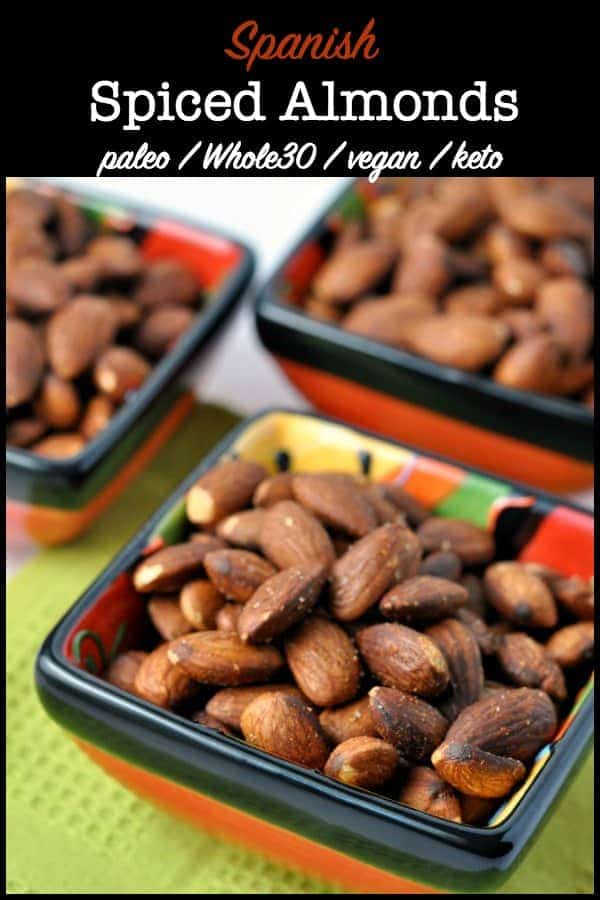 Spanish Spiced Almonds Tapas in small red bowls