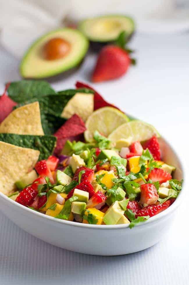 Strawberry Mango Guacamole with tortilla chips