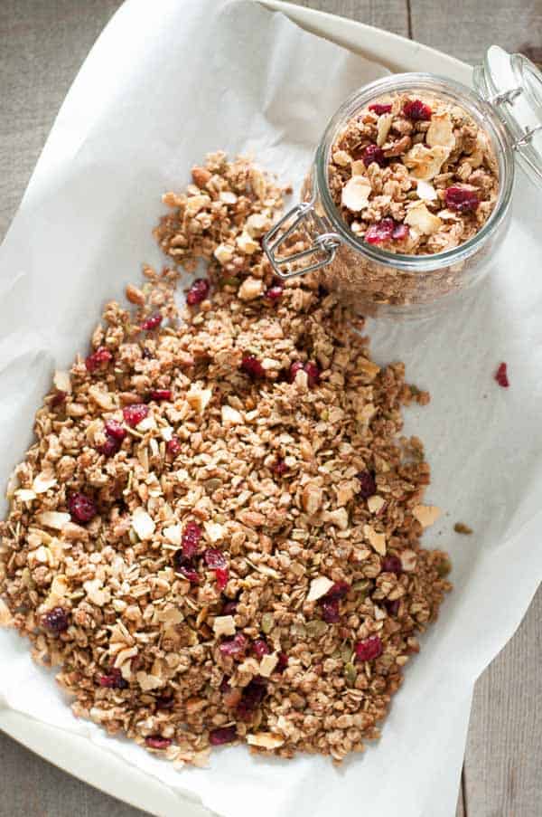 Apple Cinnamon Granola on a baking sheet