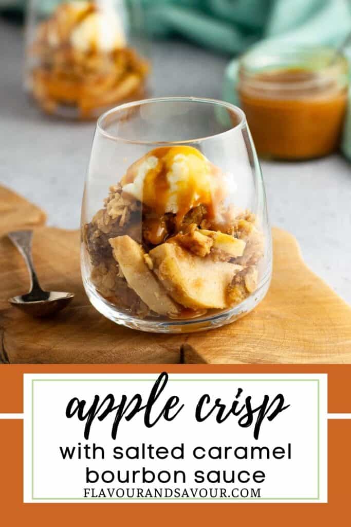 image with text for apple crisp with salted caramel bourbon sauce