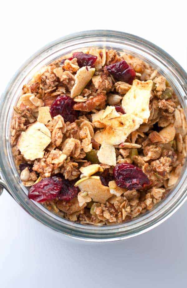 Cranberry Apple Cinnamon Granola in a Mason Jar, overhead view.