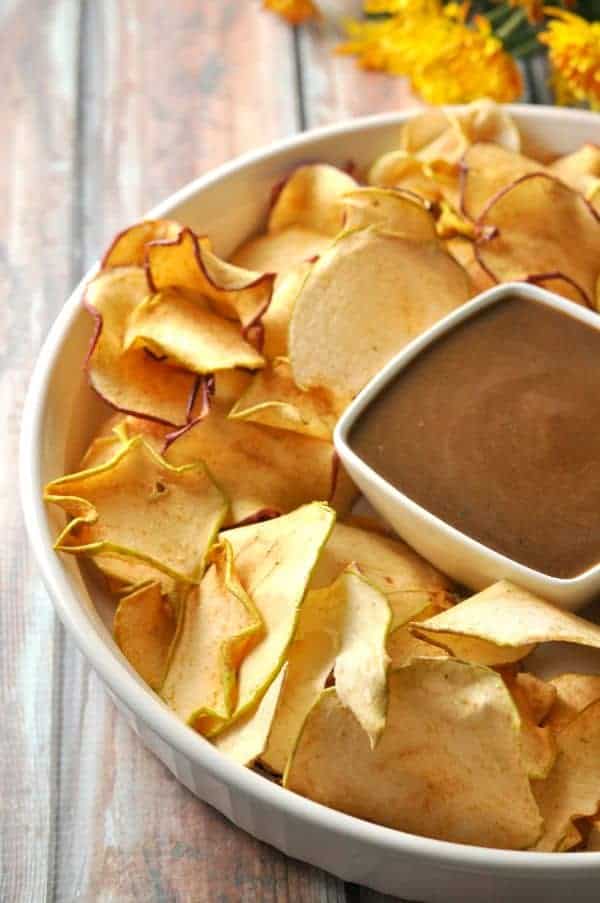 Vegan or paleo salted caramel sauce as a dip for apple chips.