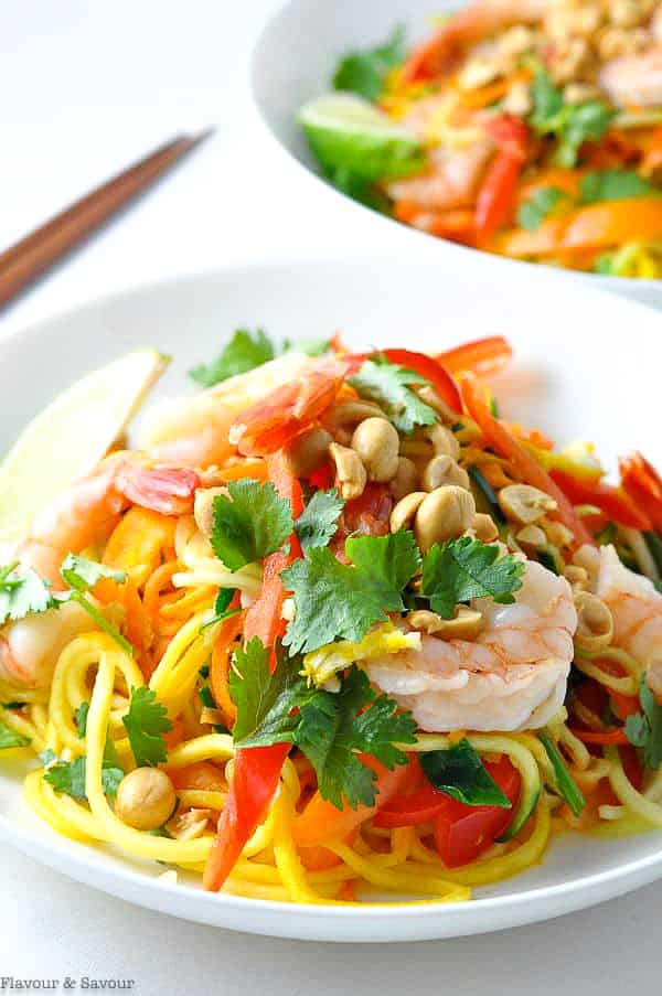 Close up view of Shrimp Pad Thai made with zucchini noodles