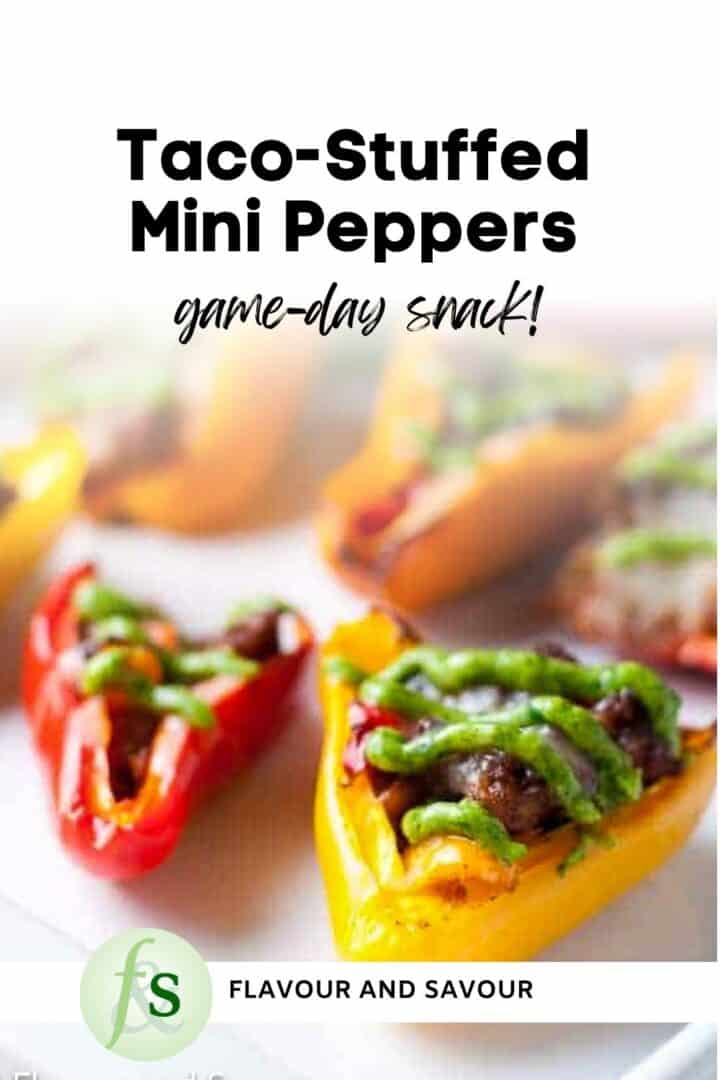 Image with text overlay for taco-stuffed mini peppers with dairy-free avocado cream.