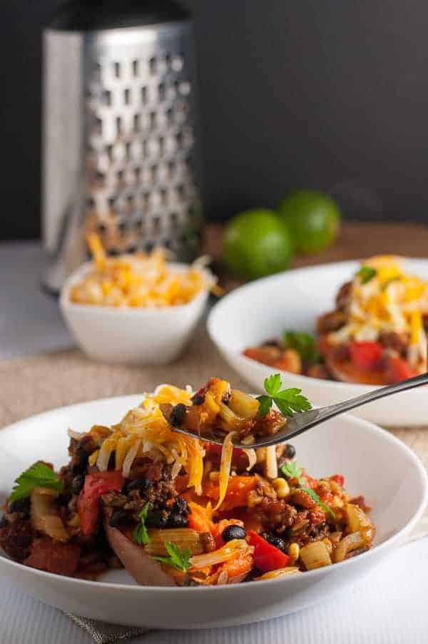 A forkful of Chipotle Chili Stuffed Sweet Potatoes. 